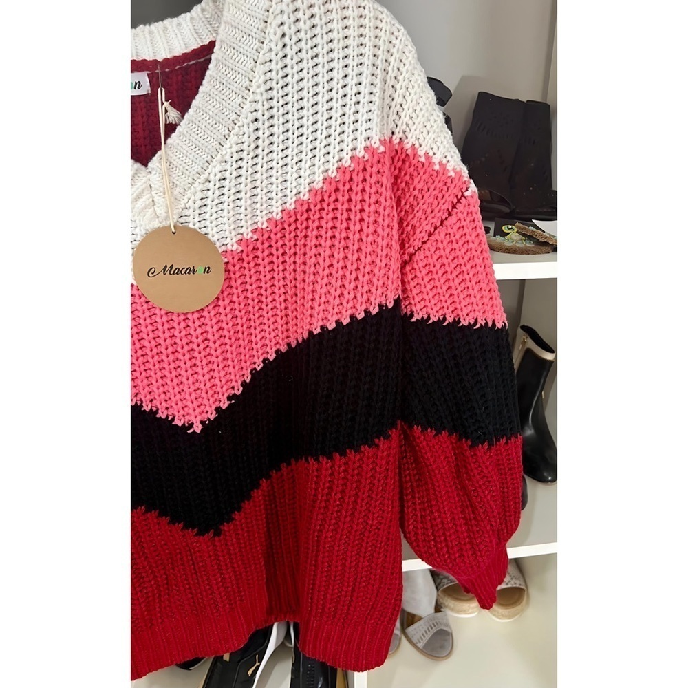 New! V Neck Pink Multi Puff Sleeve Oversized Chevron Sweater! - Picture 6 of 10